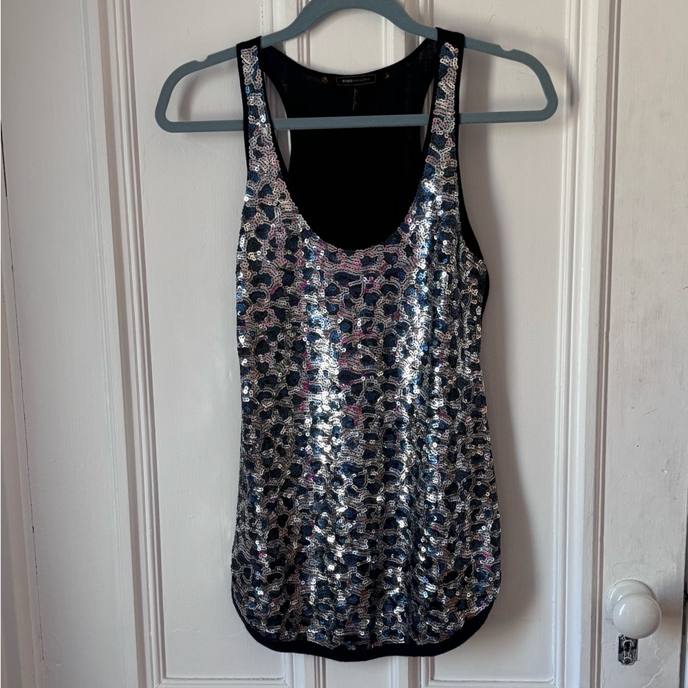 BCBG Max Azria Devon Silver Blue Sequined Tank Top Size Small